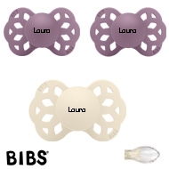 Bibs Infinity Schnuller mit Namen, Symmetrisch Silikon Gr. 2, 1 Ivory, 2 Mauve, 3'er Pack